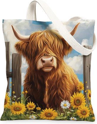 Generic Spring Highland Cow Canvas Tote Bag for Shopping 13x15, Sunflower Fence Animal Reusable Grocery Print Bag for Women, Fun Farmhouse Scenic Beach Aesthe