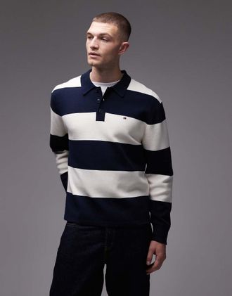 Tommy Hilfiger Polo stile rugby a maniche lunghe a righe color blu navy e crema color block