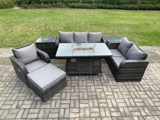 Fimous Garden Patio Furniture Wicker Rattan Gas Fire Pit Table & Sofa Chair set with 2 Side Tables Big Footstool in Dark Grey