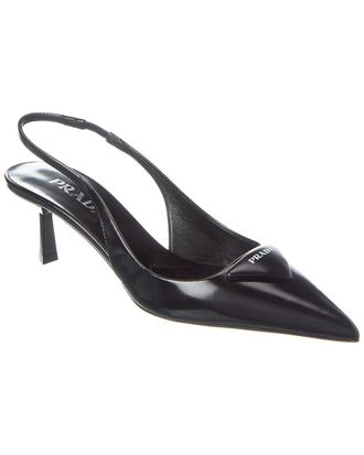 Prada Logo Brushed Leather Pointy-Toe Slingback Pump