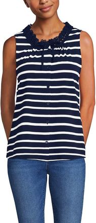 Lands End Lightweight Jersey Button Front Lace Trim Tank in Deep Sea Navy Clean Stripe at Nordstrom, Size X-Small