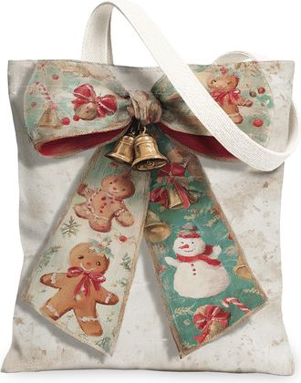 Generic Christmas Gingerbread Canvas Tote Bags, Vintage Holiday Reusable Grocery Bags, Lightweight Washable Shoulder Strap for Trav, White, 13x15 Inch