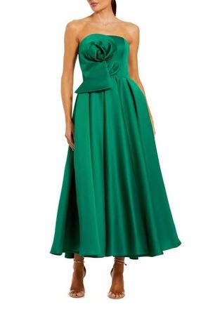 Mac Duggal Strapless Satin A Line Midi Dress With 3D Flower in Emerald at Nordstrom, Size 12