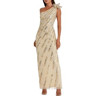 Mac Duggal Embellished Floral Detail One Shoulder Gown in Nude Gold at Nordstrom, Size 14