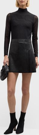 Alice & Olivia Chara Long-Sleeve Vegan Leather Pleated Mini Dress