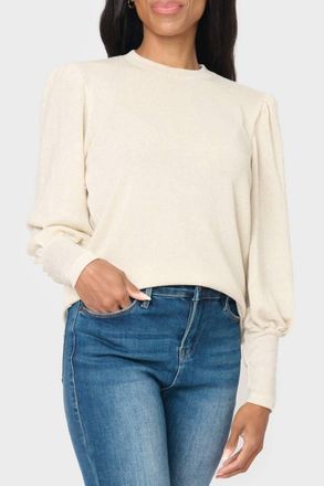 Gibsonlook Long Puff Sleeve Crew Neck Lurex Knit Top In Champagne