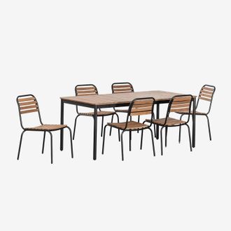 Sklum Set De Mesa Rectangular 160x90 Cm Y 6 Sillas De Comedor Apilables En Acero Y Madera De Acacia Artus Sklum
