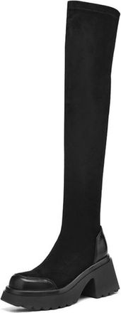 Generic Womens Retro Over The Knee Boots Elastic Suede Like Upper PU Leather Accents Chunky Nonslip Wear Resistant Sole Comfortable Platform Heel For Daily Ca