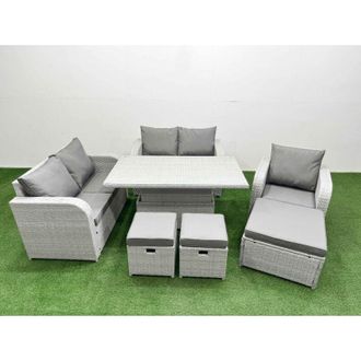 Fimous High Back Poly Rattan Garden Furniture Set with Reclining Chair Loveseat Sofa Adjustable Lifting Dining or Coffee Table Indoor Outdoor Patio Set Side
