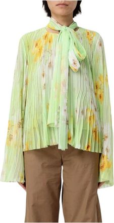 Pinko Geplooide bloemenblouse met strik - Dames - Blouses - Groen - L - Leer - Overhemden