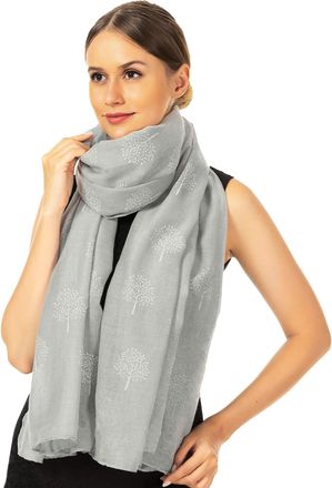 World of Shawls Mulberry Tree Scarf Shawl Wrap Soft Warm (Light Silver With White Tree)