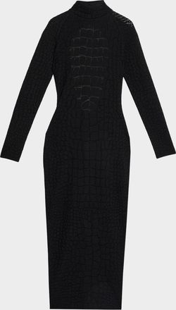 Balmain Croco-Jacquard Backless Long-Sleeve Midi Dress