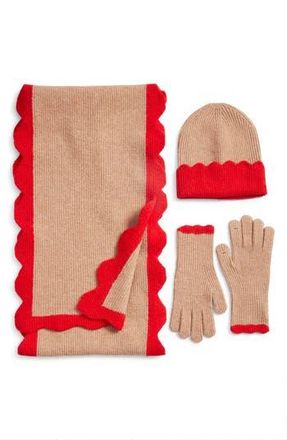 Treasure & Bond Scalloped Scarf, Beanie & Gloves Set in Camel- Red at Nordstrom Rack