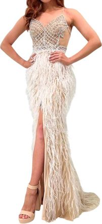 Jasz Couture Feathered Skirt Prom Gown In Nude/white