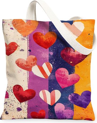 Generic Heart Pattern Canvas Tote Bags, Colorful Love Design Reusable Shopping Bags, Vibrant Artistic Lightweight Washable Shoulder, Colorful, 13x15 Inch