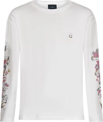 John Richmond T-shirt met lange mouwen en iconische decoraties - Heren - Longsleeves - Wit - 2XL - Tops
