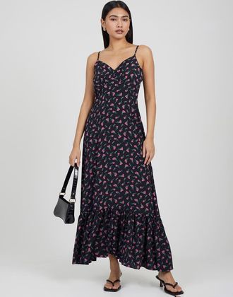 Brave Soul Vestito lungo nero a fiori con spalline sottili e allacciatura sul retro