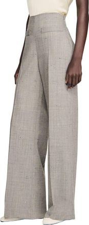Sandro Wide-leg checked wool trousers in Greige at Nordstrom, Size 38 Eu
