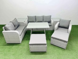 Fimous Patio Dining Table & Chairs Set with Reclining Chair 2 Side Tables in Light Grey