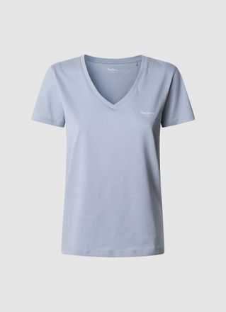 Pepe Jeans London V-Shirt PEPE JEANS MACY V-NECK, Damen, Gr. XS, blau (dazed blau 516), Single Jersey, Obermaterial: 100% Baumwolle, unifarben, regular fit, V-Ausschnit