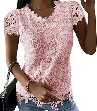 T-shirt Dentelle Col Rond Manches Courtes, Rose Pâle