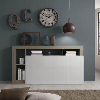 Dmora Aparador Moderno 3 Puertas, Made In Italy, Aparador De Cocina, Buffet De Dise&ntilde;o Sal&oacute;n, 146x42h93 Cm, Blanco Brillo Y Color Pera, Con Embalaje Reforzad