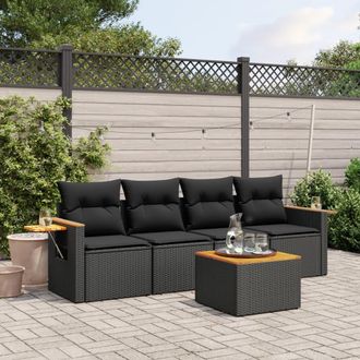 vidaXL Set De Muebles De Jard&iacute;n 5 Pzas Y Cojines Rat&aacute;n Sint&eacute;tico Negro Vidaxl