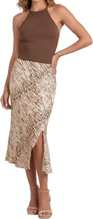 Elan Printed Side Slit Midi Skirt In Brown