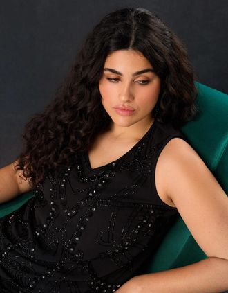 Live Unlimited London Womens Black Embellished Chiffon Tunic Vest - Size: 14