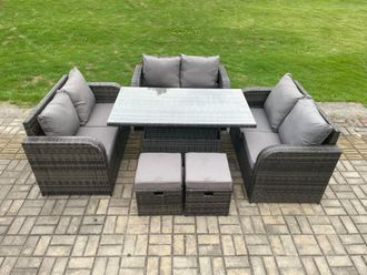Fimous Rattan Garden Outdoor Furniture 3 PC Love Sofa Set Patio Adjustable Rising lifting Dining Table With 2 Small Footstools in Dark Grey
