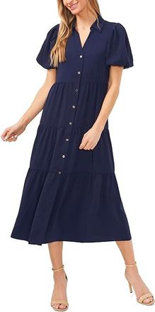 CeCe by Cynthia Steffe Short Sleeve Maxi Tiered Shirt Dress Womens Dress Classic Navy : LG, Polyester