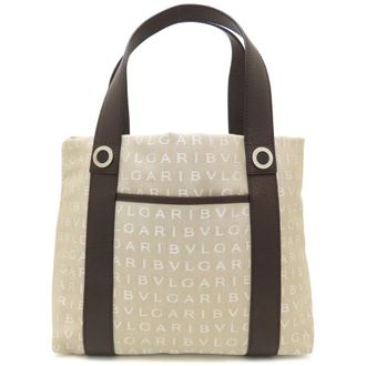Bulgari Logomania Beige Brown Canvas Leather Handbag Pouch Tote Bag (Pre-Owned)