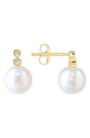Effy 14K Yellow Gold Diamond & 8mm Freshwater Pearl Stud Earrings - 0.05ct. in White at Nordstrom Rack