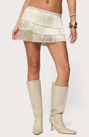 Edikted Sarai Tiered Fringe Miniskirt in Cream at Nordstrom, Size X-Large