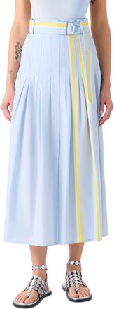 Akris Belted Pleated Stripe Chambray Midi Skirt in Sky Blue-Lemon Zing-Cream at Nordstrom, Size 10