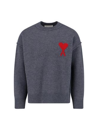 Ami Relaxed Fit Grey Wool Sweater With Contrast Heart Logo