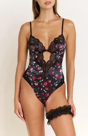 Honeydew Intimates Garden of Eden Lace Trim Satin Bodysuit & Garter Set in Dark Roses at Nordstrom Rack, Size X-Small