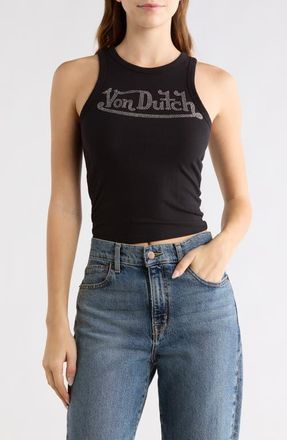 Von Dutch Rhinestone Ribbed Tank in Black at Nordstrom, Size X-Large