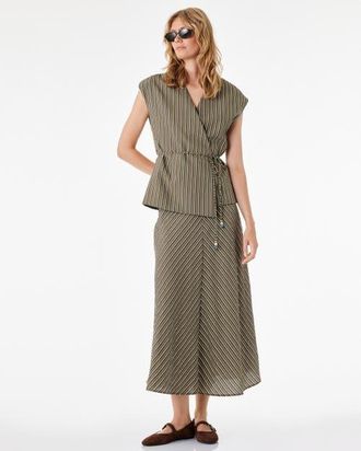 Koton Striped A-Line Midi Skirt in Khaki Stripe at Nordstrom, Size 10