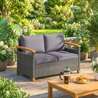 OUTSUNNY 2 Seater Rattan Garden Sofa with Acacia Wood Armrests in Dark Grey