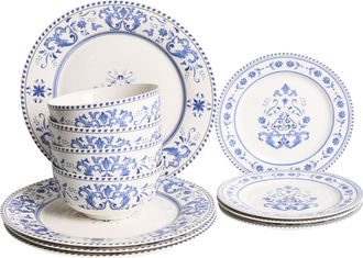 Beliani Vajilla De 12 Piezas De Porcelana Acabado Esmaltado Con Dise&ntilde;o Abstracto Para 4 Personas Comedor Cocina Blanco Y Azul Galangal