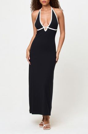 L*Space Shea Contrast Binding Halter Rib Maxi Cover-Up Dress in Black/Cream at Nordstrom, Size X-Small
