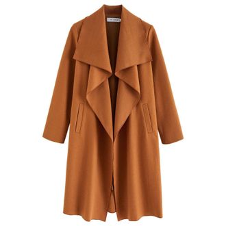 Chicwish Womens Wide Lapel Open Front Long Sleeve Sand/Wine/Black/Grey Wool Blend Trench Coat, Pumpkin, XL