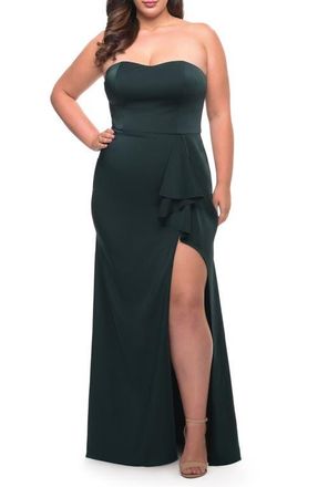 La Femme Strapless Plus Size Dress with Ruffle Slit Detail in Dark Emerald at Nordstrom, Size 12W