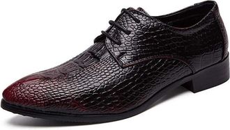 Generic Oxford Dress Shoes for Men Lace Up Crocodile Print Derby Shoes PU Leather Slip Resistant Low Top Anti-Slip Block Heel Business(Red,7.5 UK)