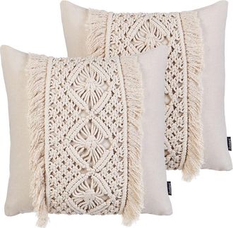Beliani Conjunto De 2 Cojines De Algod&oacute;n Con Relleno Macram&eacute; Patr&oacute;n Boho Flecos 45 X 45 Cm Beige Kalam
