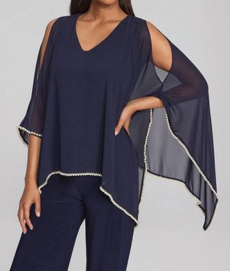 Joseph Ribkoff Chiffon And Silky Knit Poncho Top In Navy