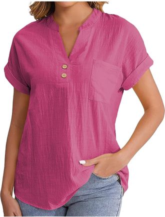 Generic Cheesecloth Ladies Tops Summer Blouses & Shirts Button Down Casual V Neck Short Sleeve Cotton Linen Blouse Loose Dressy Clothing Office Work Baggy Sol