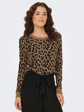 Only Rundhalspullover ONLY ONLVIENNA LS JQ LEO O-NECK CC KNT, Damen, Gr. L, toasted coconut pattern:melange, schwarz, Strick, Obermaterial: 50% Polyacryl, 