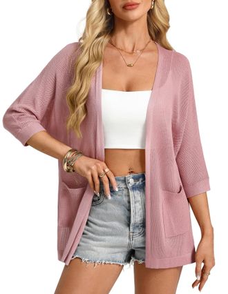Grace Karin Womens 3/4-Sleeves Open Front Cardigan Summer Casual Batwing Sleeve Lightweight Tops with Pockets Pink XL